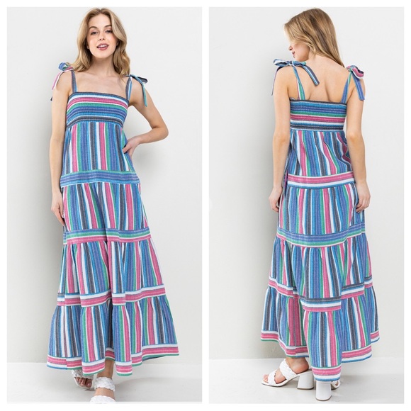 Boho Fabulous Linen Stripe Smoking Maxi Dress - Picture 3 of 4